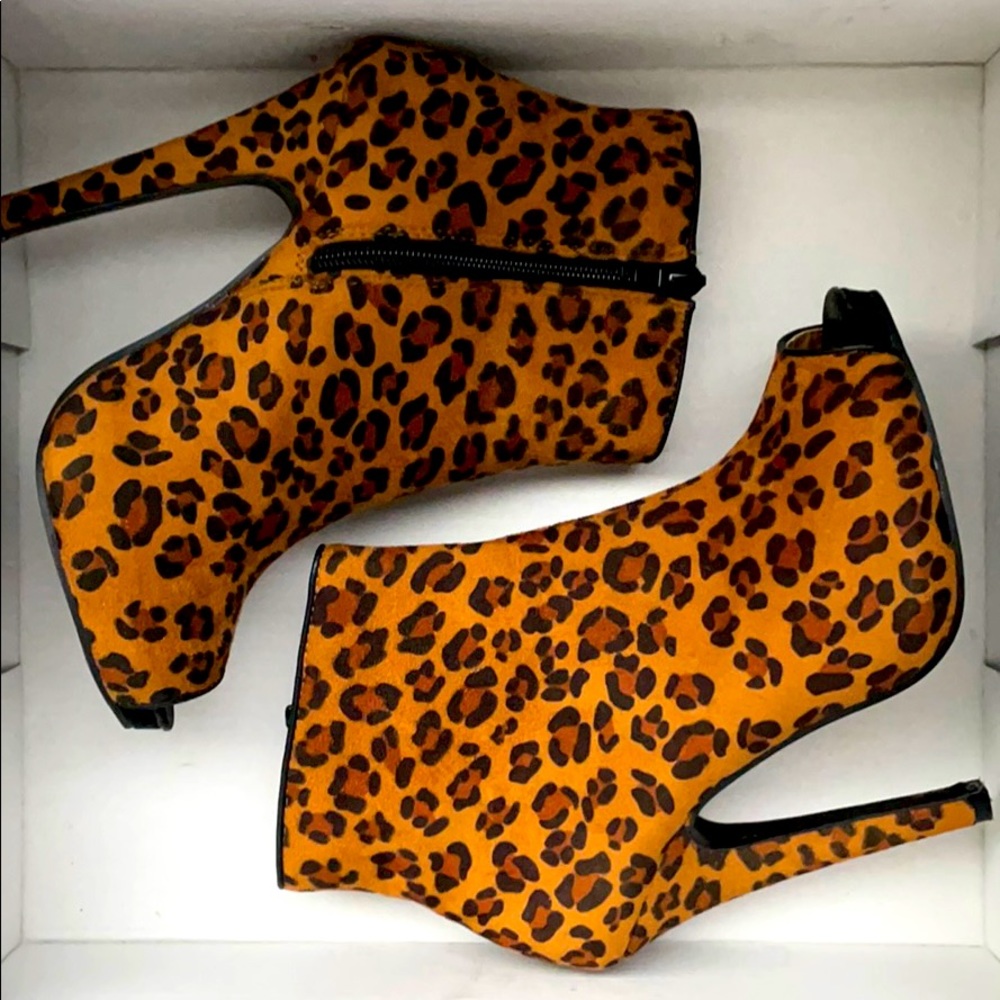 Leopard Peep-Toe Heeled Booties